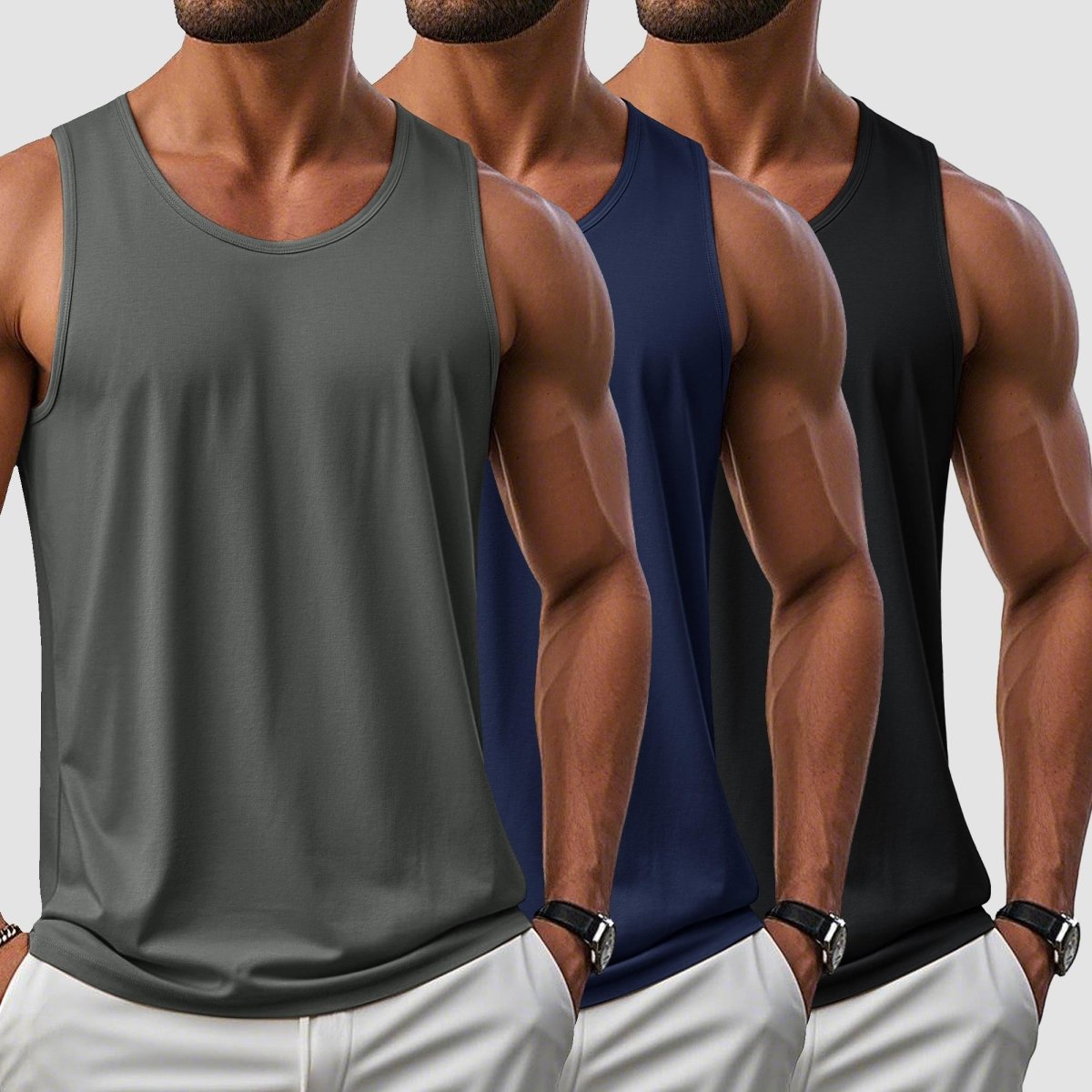 [3 Pcs set] UPF 50+ Tank Top Gym Workout Sleeveless Muscle Shirts-Men's tops-Calvin Hart-Black+Navy+Dark Grey-S-Calvin Hart