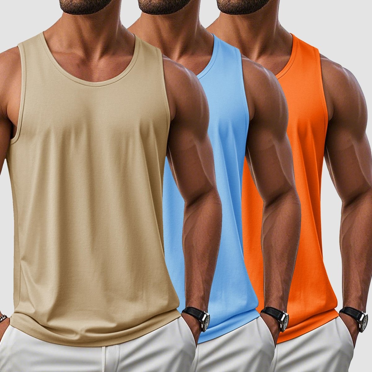 [3 Pcs set] UPF 50+ Tank Top Gym Workout Sleeveless Muscle Shirts-Men's tops-Calvin Hart-Orange+Sky Blue+Light khaki-S-Calvin Hart