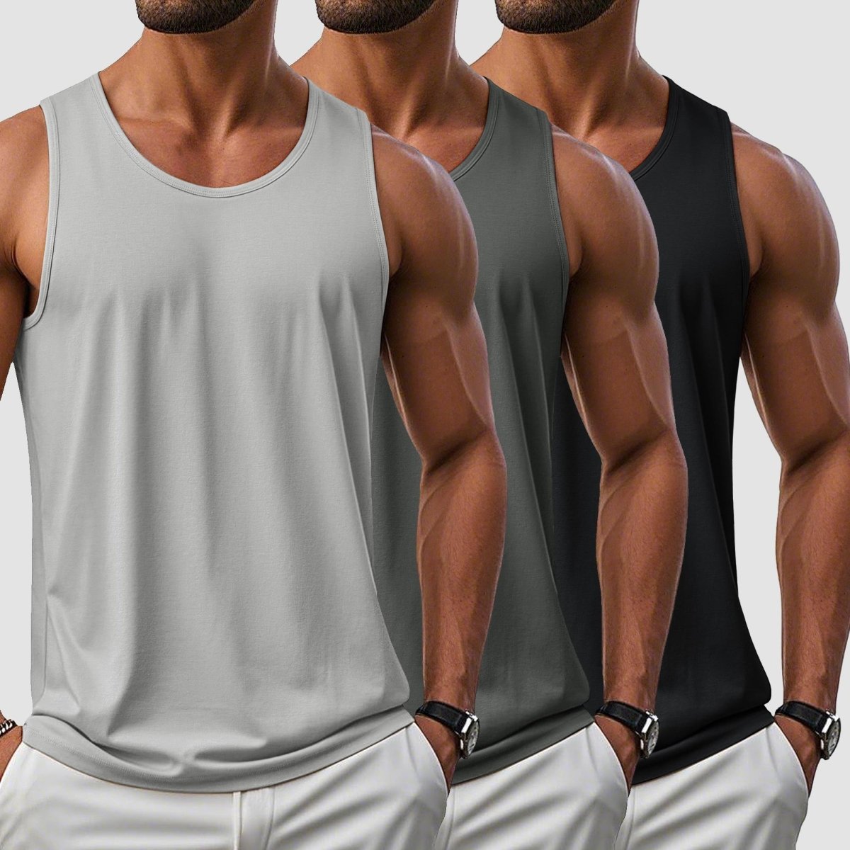 [3 Pcs set] UPF 50+ Tank Top Gym Workout Sleeveless Muscle Shirts-Men's tops-Calvin Hart-Black+Dark Grey+Light Grey-S-Calvin Hart