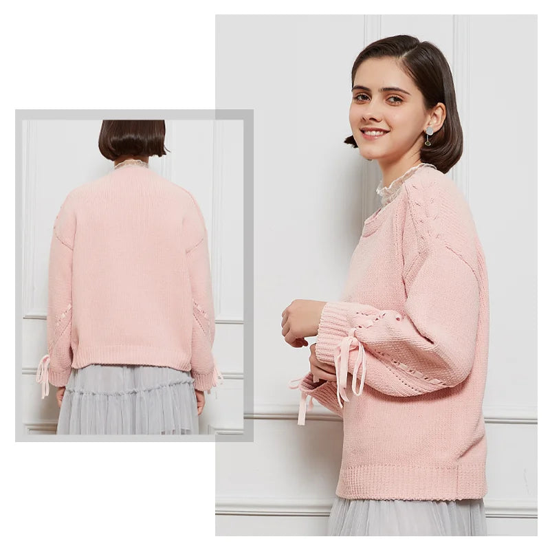 Calvin Hart Women's Pink Lace Knit Bow Sweater