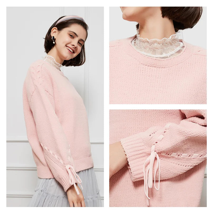 Calvin Hart Women's Pink Lace Knit Bow Sweater