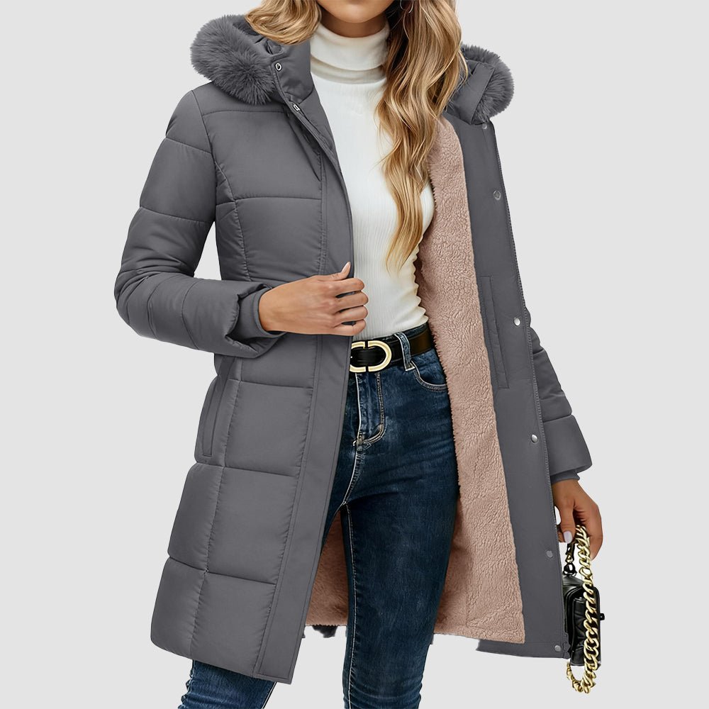 Women's Long Sherpa Lined Puffer Coat - Thick Fleece Winter Parka with Hood