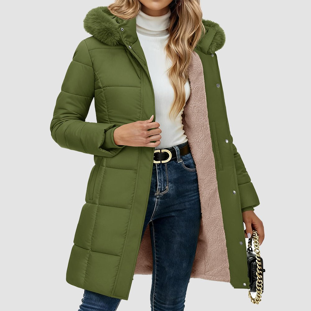 Women's Long Sherpa Lined Puffer Coat - Thick Fleece Winter Parka with Hood