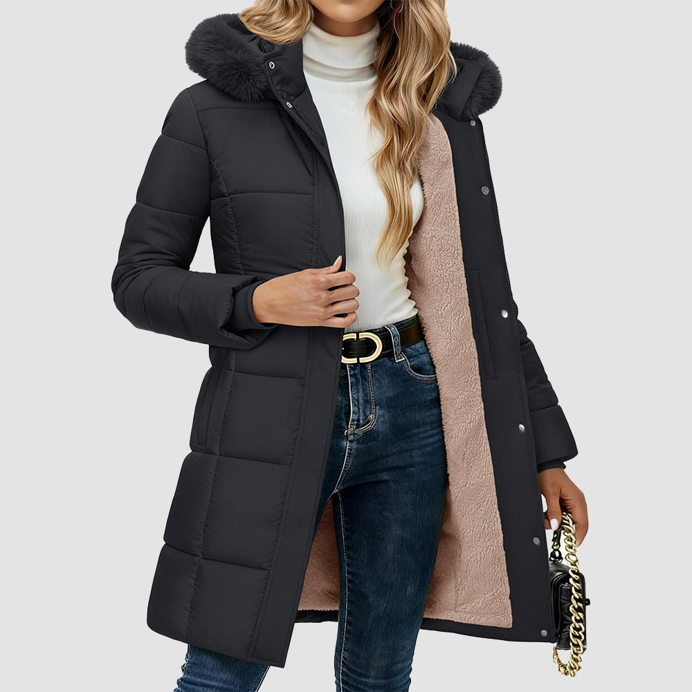 Women's Long Sherpa Lined Puffer Coat - Thick Fleece Winter Parka with Hood