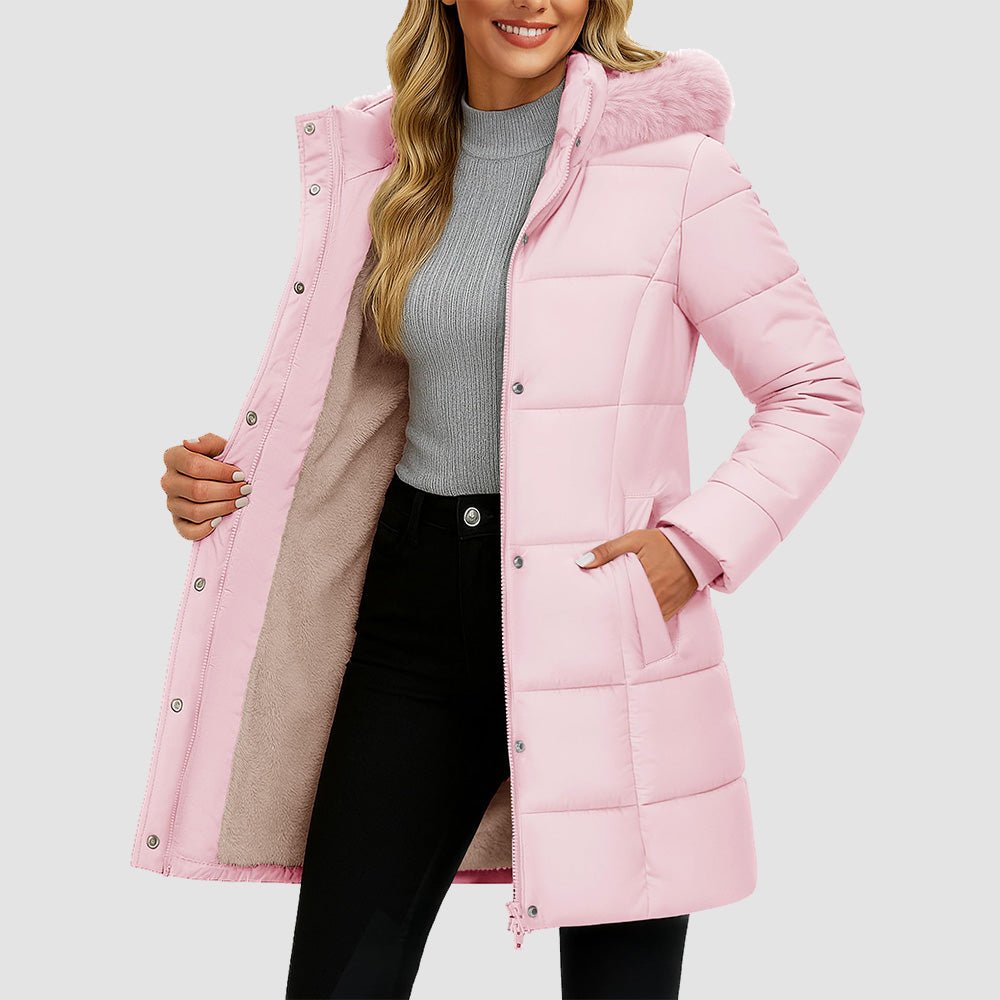 Women's Long Sherpa Lined Puffer Coat - Thick Fleece Winter Parka with Hood