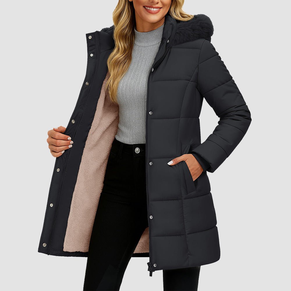 Women's Long Sherpa Lined Puffer Coat - Thick Fleece Winter Parka with Hood