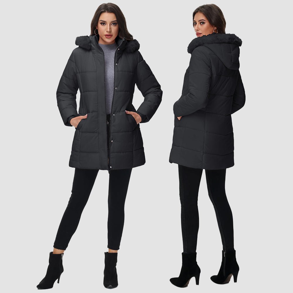 Women's Long Sherpa Lined Puffer Coat - Thick Fleece Winter Parka with Hood