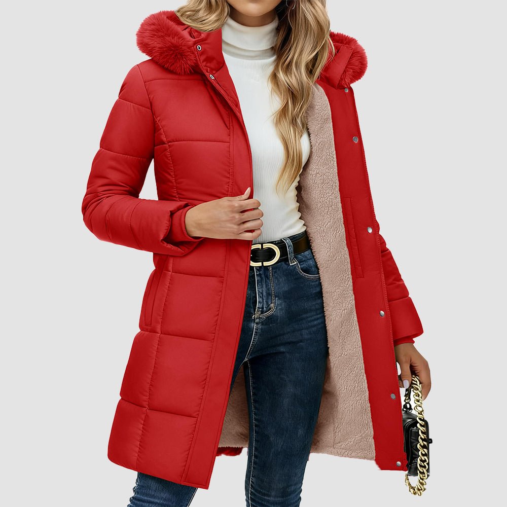 Women's Long Sherpa Lined Puffer Coat - Thick Fleece Winter Parka with Hood