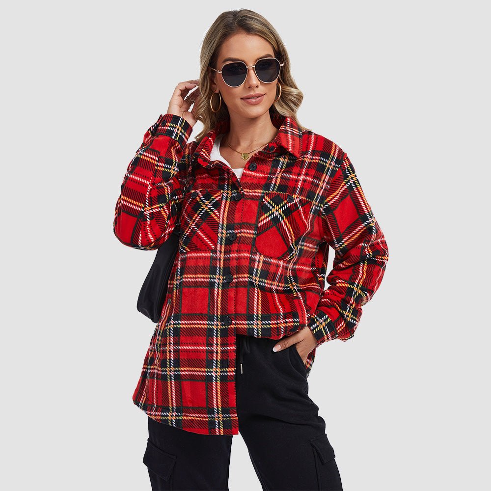Women's Sherpa Lined Flannel Shacket - Warm Plaid Button Down Winter Jacket