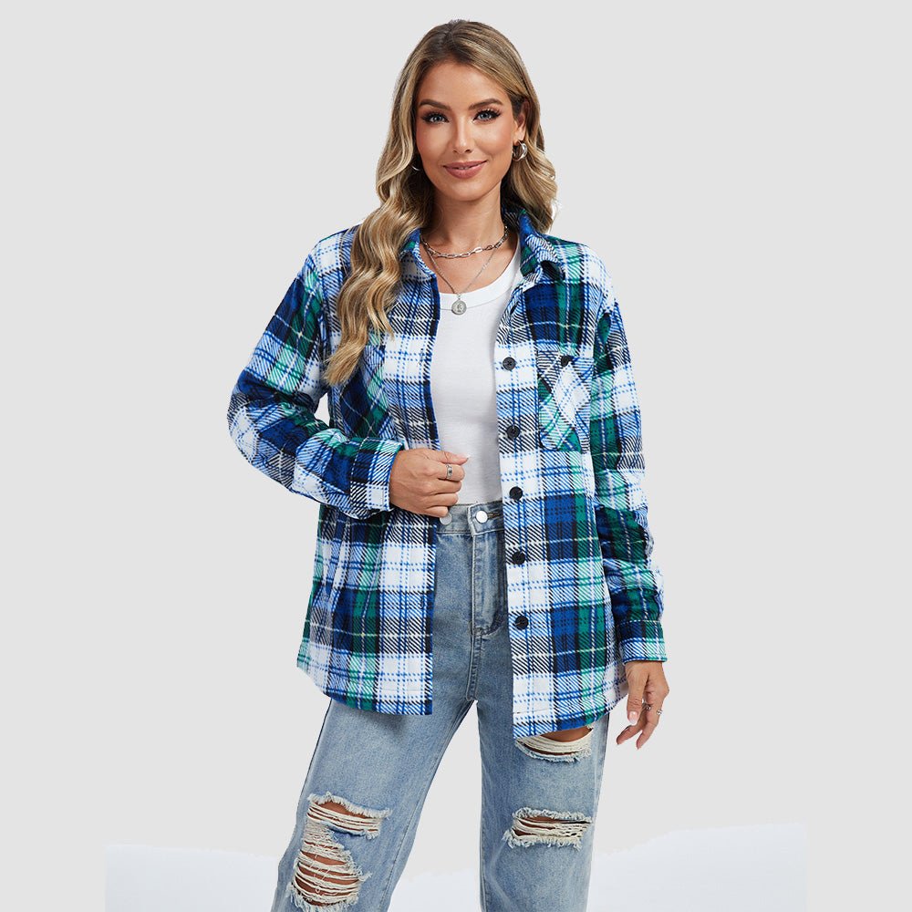 Women's Sherpa Lined Flannel Shacket - Warm Plaid Button Down Winter Jacket