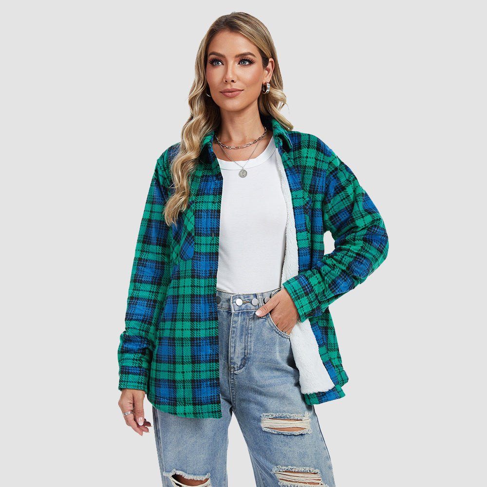 Women's Sherpa Lined Flannel Shacket - Warm Plaid Button Down Winter Jacket