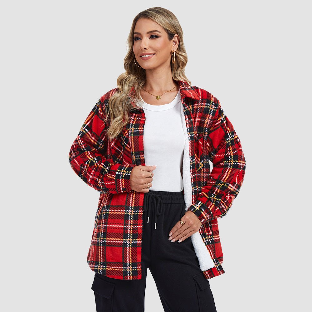 Women's Sherpa Lined Flannel Shacket - Warm Plaid Button Down Winter Jacket
