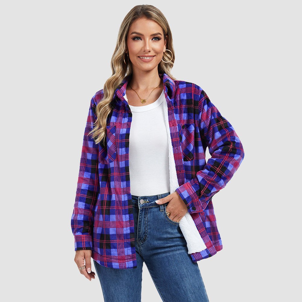 Women's Sherpa Lined Flannel Shacket - Warm Plaid Button Down Winter Jacket