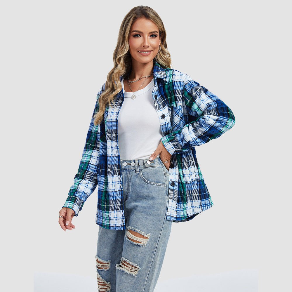 Women's Sherpa Lined Flannel Shacket - Warm Plaid Button Down Winter Jacket
