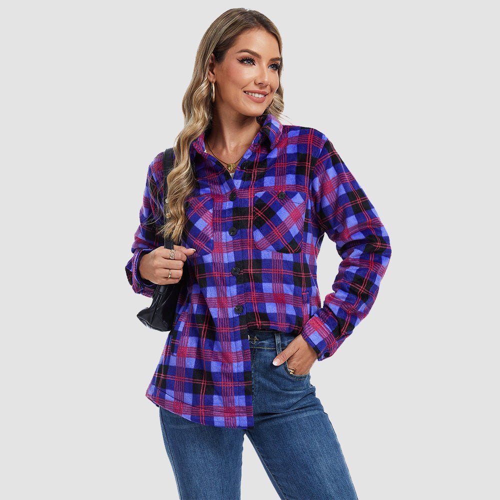 Women's Sherpa Lined Flannel Shacket - Warm Plaid Button Down Winter Jacket